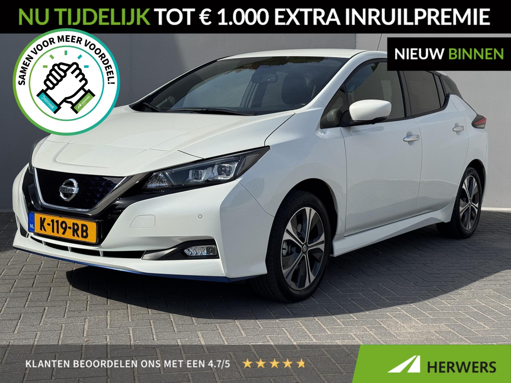 Nissan LEAF e+ N-Connecta 62 kWh / Eerste Eigenaar / Dealer, Auto's, Stof, Gebruikt, Wit, 62 kWh