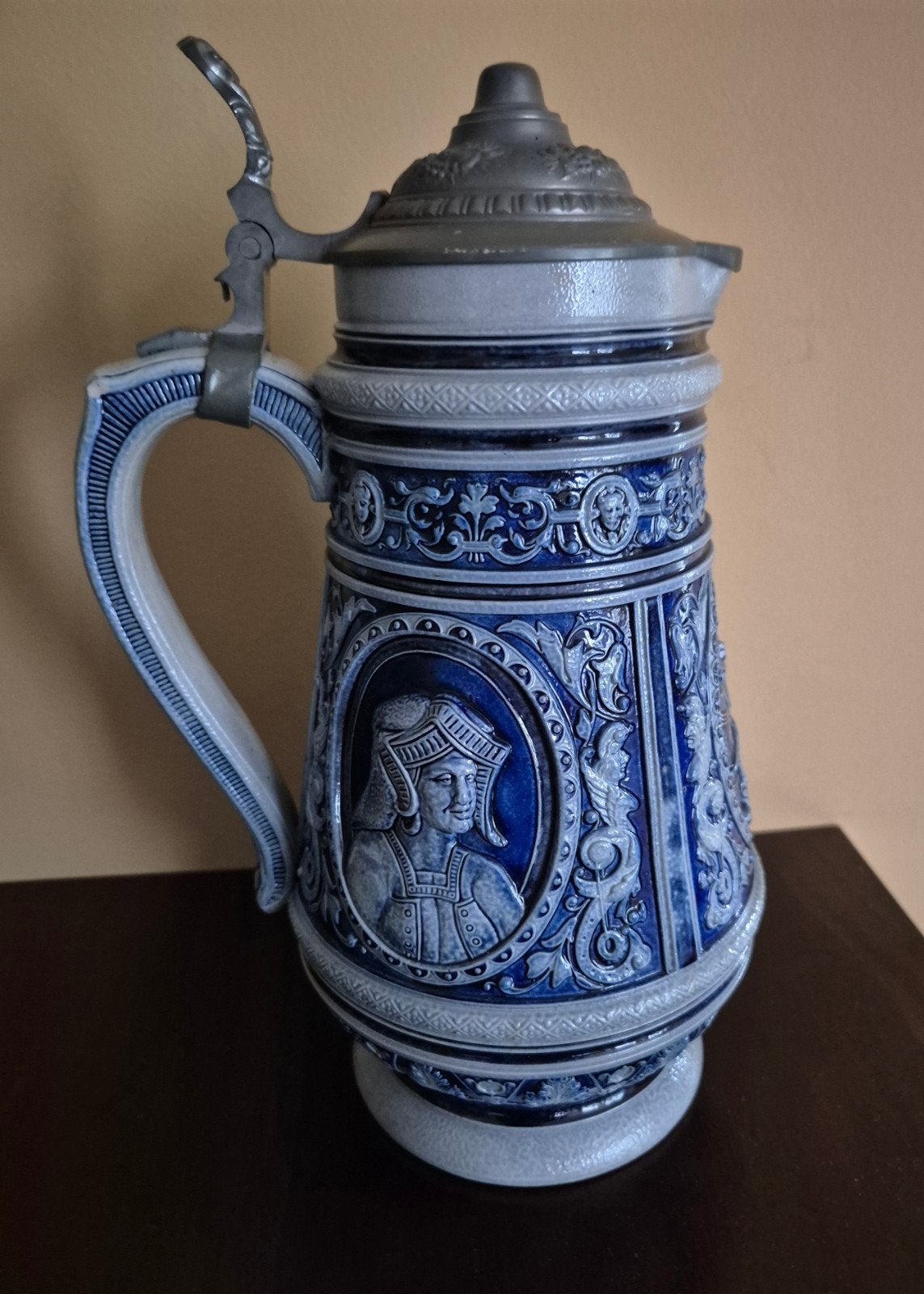 Antieke Duitse Bierpul met Tin Deksel - Handgemaakt, Antiek en Kunst, Ophalen of Verzenden