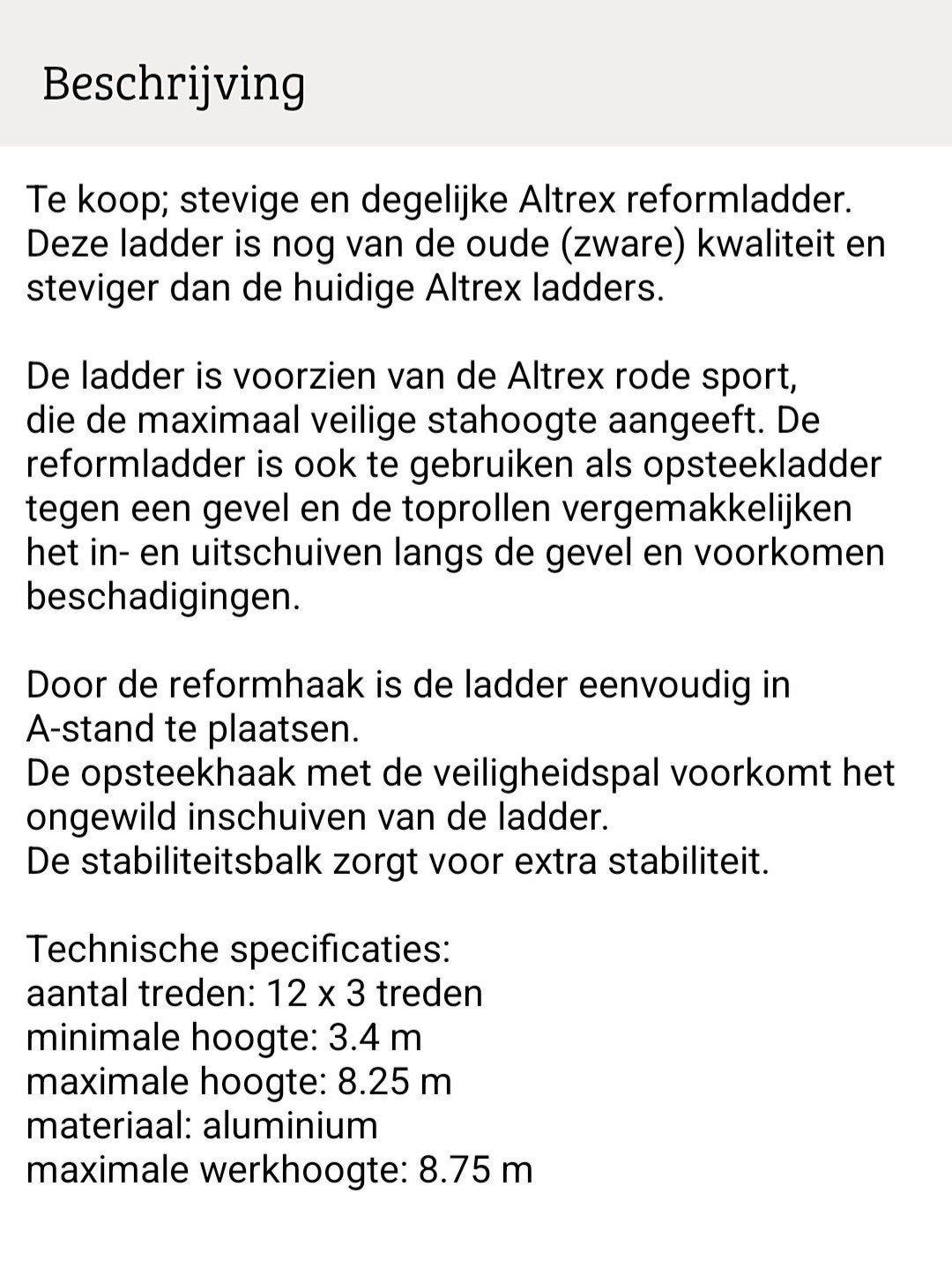 Altrex ladder 3x12, Ophalen, Gebruikt, Ladder, 4 meter of meer