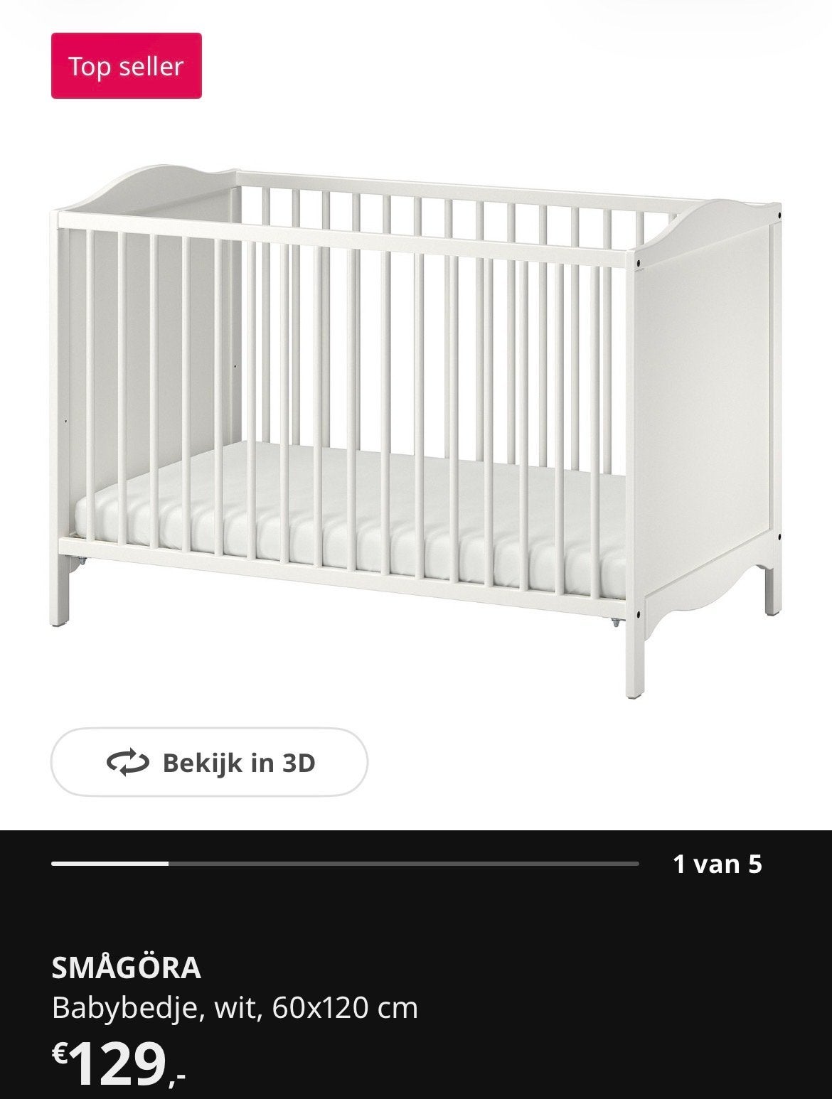 IKEA SMÅGÖRA incl.Matras 60x120 cm. In hoogte verstelbaar, Ophalen, Zo goed als nieuw, Ledikant