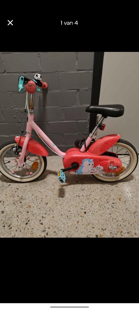 Meisjes fiets unicorn 14 inch + zijwieltjes, Zijwieltjes, Gebruikt, Ophalen of Verzenden, Minder dan 16 inch