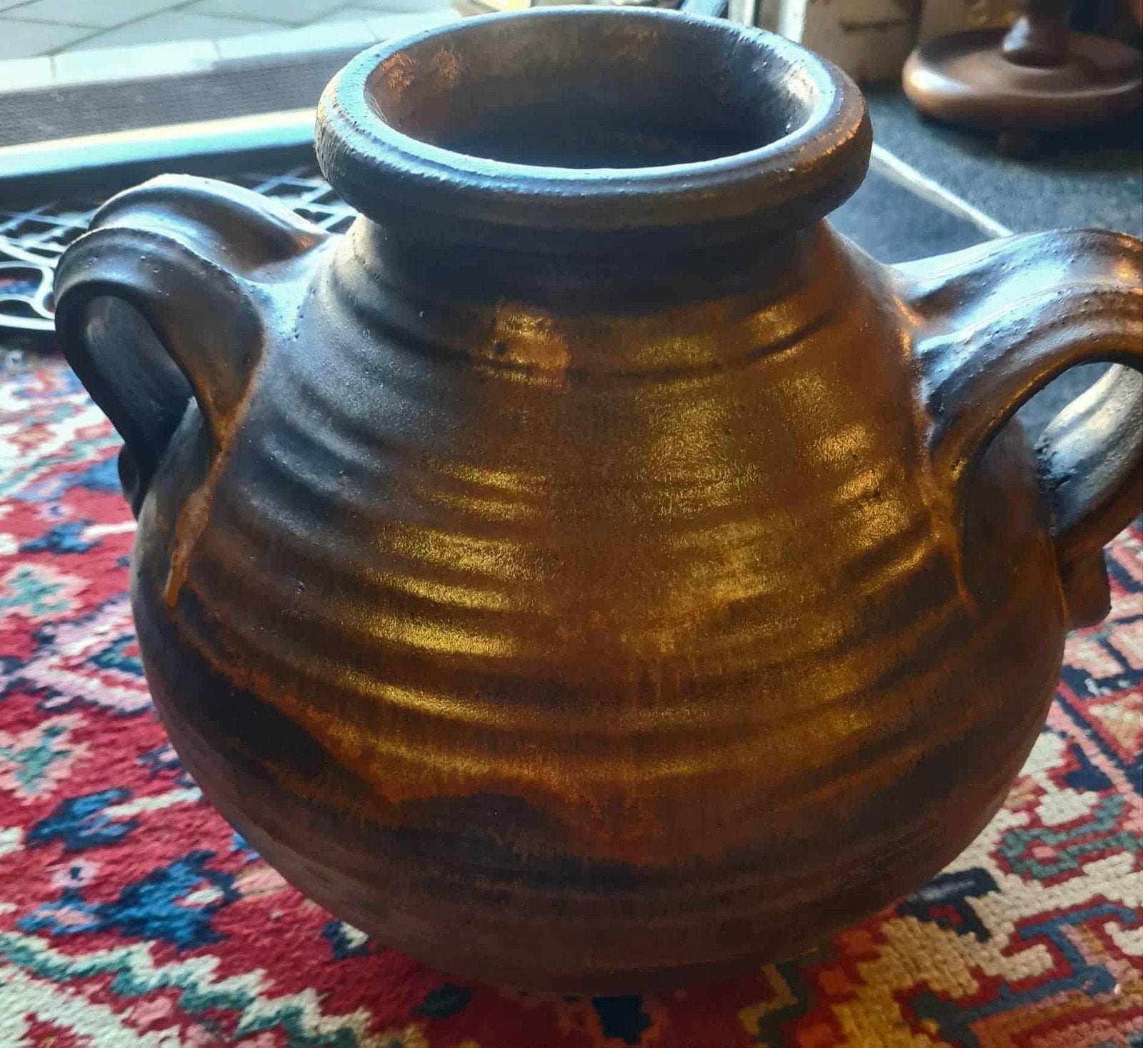 Vintage Aardewerk Vaas kruik met Handvatten Bruin Geglazuurd, Ophalen of Verzenden