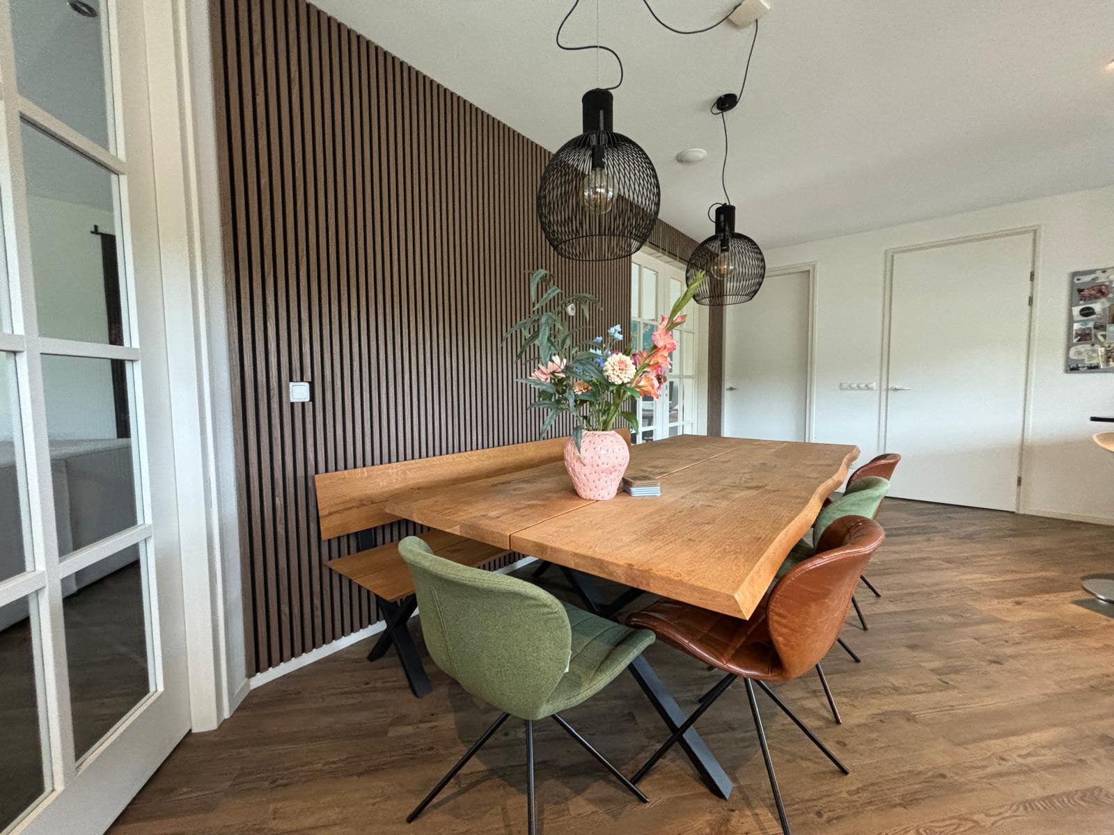 Massief eiken eettafel en bank, Ophalen, Gebruikt, 100 tot 150 cm, Eikenhout
