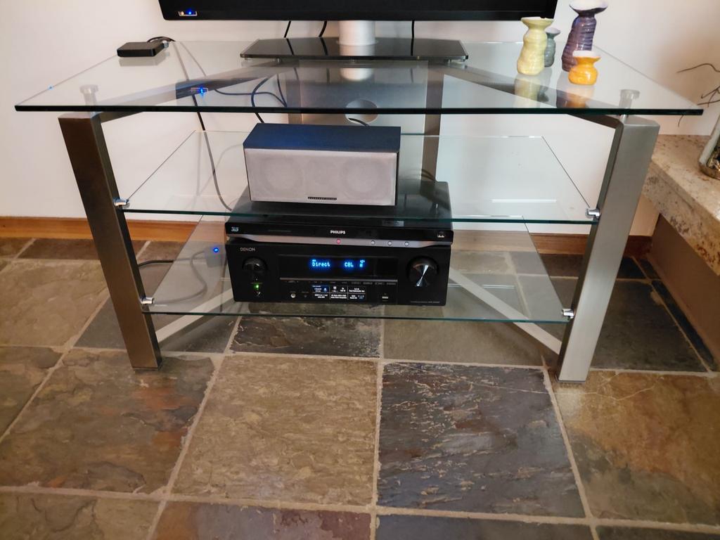 Glazen tv-meubel met 3 lagen, Huis en Inrichting, Kasten | Televisiemeubels, Ophalen, Gebruikt, 100 tot 150 cm, Glas