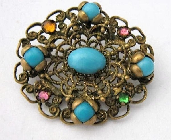 Beeldschone antieke Tsjechische filigrain broche – 2 Lagen, Ophalen, Overige materialen, Broche, Verguld