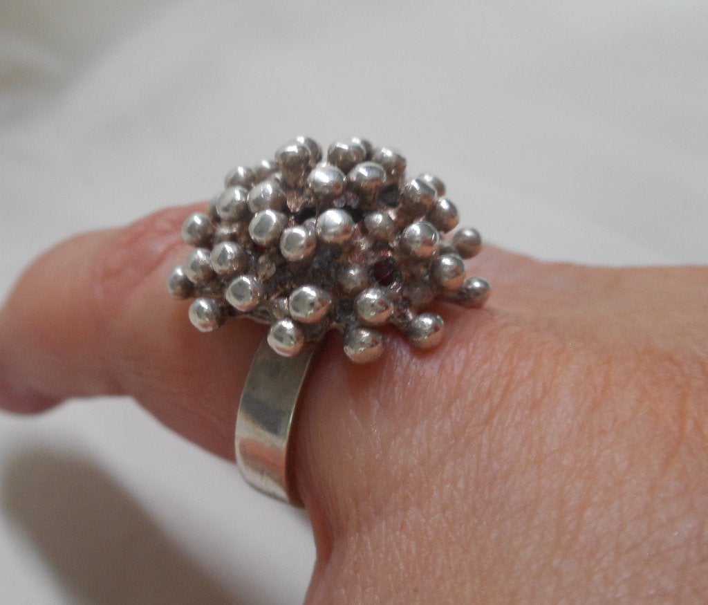 Zilveren verstelbare vintage sputnik ring nr.1395, Gebruikt, Verzenden, 17 tot 18, Dame