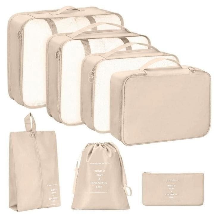 7 delige reisorganisator opbergzakkenset beige met waszak, 30 cm of meer, Beige, Minder dan 40 cm, Nieuw