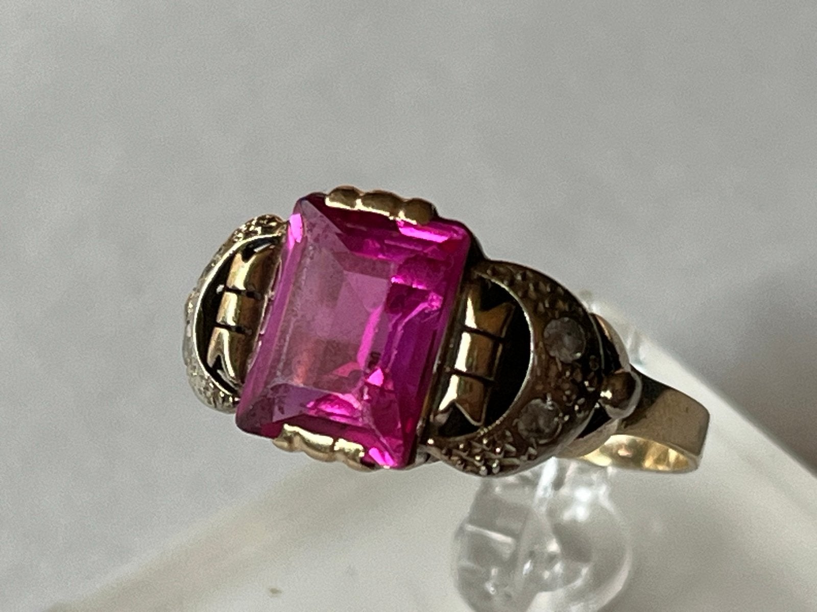 Art Deco Gouden Ring met Russische Robijn en Diamant, Sieraden, Tassen en Uiterlijk, Ringen, 18 tot 19, Verzenden, Zo goed als nieuw