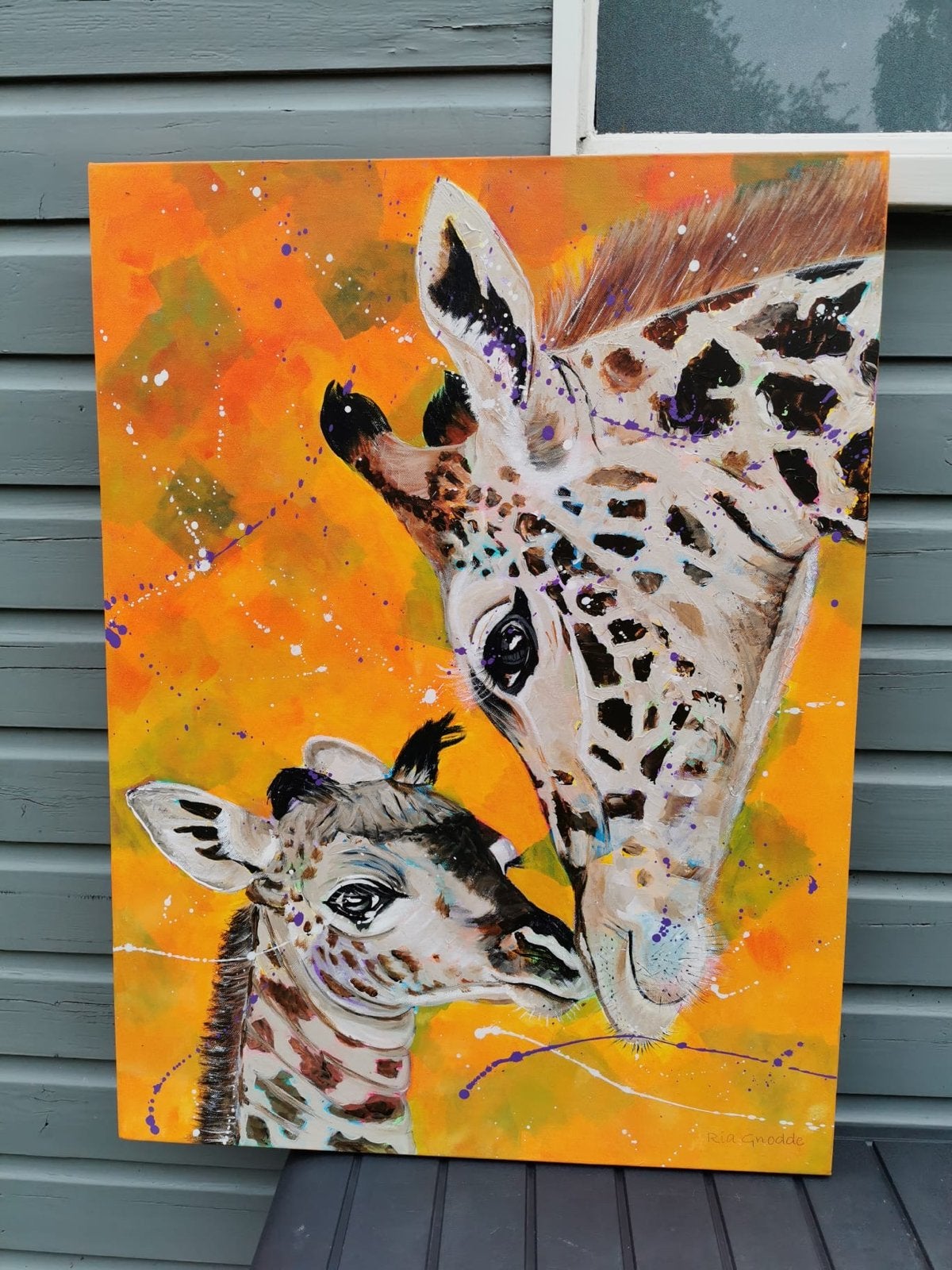 Schilderij Giraffe met baby - Acryl op doek, Ophalen, Acrylverf, Handgeschilderd, Dieren