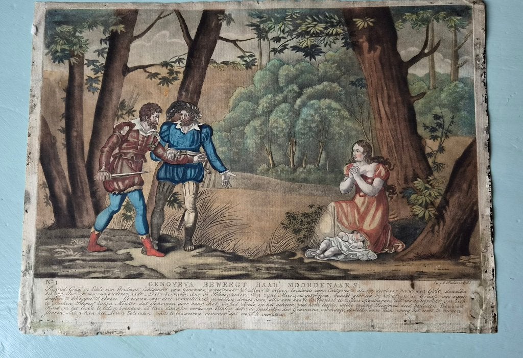 'Genevieve van Brabant' 4  oud-gekleurde gravures 18e eeuw, Verzenden, Mythologie, Gravure, Blanco verso