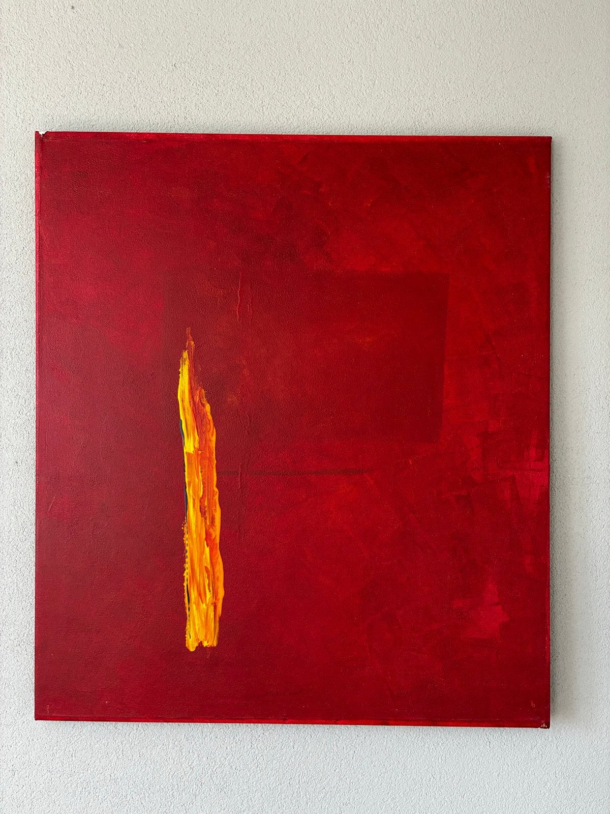 Abstract Rood met Gele Vlam Olieverf op Doek (80x70cm), Antiek en Kunst, Ophalen