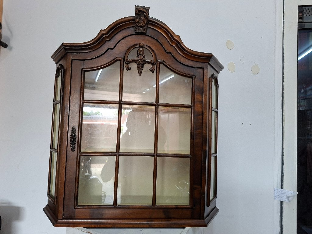 vintage mahonie houten wandvitrinekastje voor aan de muur, Antiek en Kunst, Ophalen of Verzenden