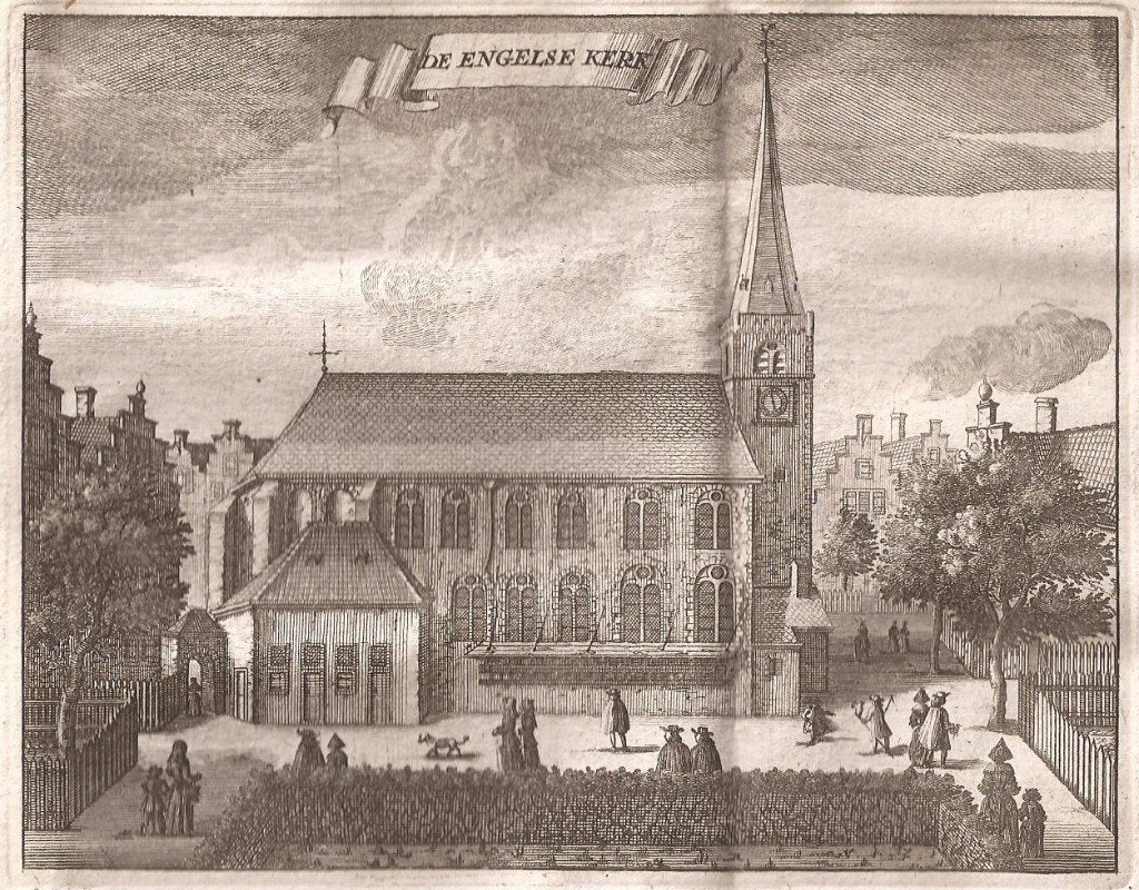 Amsterdam. De Engelse Kerk Kopergravure, 12 cm, 15 cm, 1600 - 1699, Ophalen of Verzenden