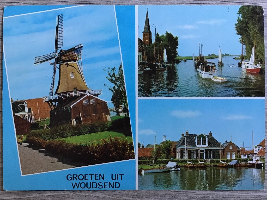 Ansichtkaart Groeten uit Woudsend -Molen, boten, huizen 1977, Ophalen of Verzenden, 1960 tot 1980, Gelopen, Friesland