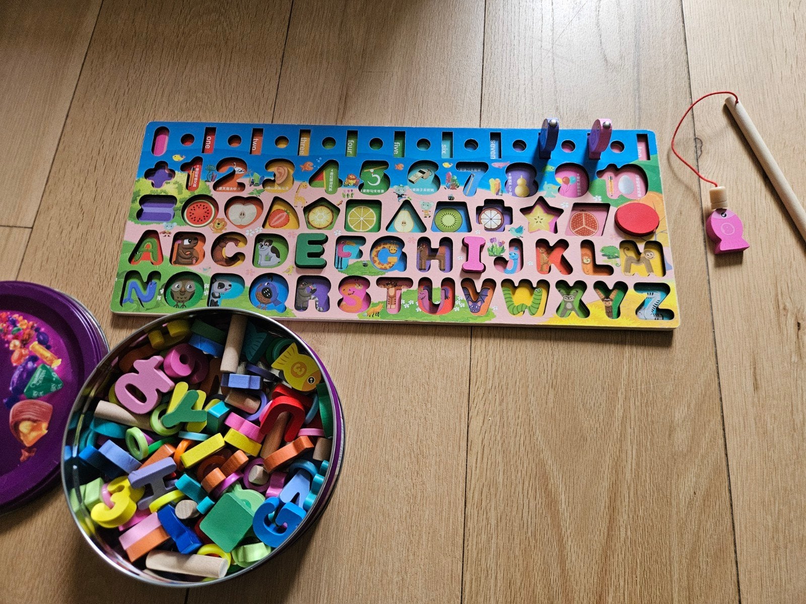 Houten alfabet en cijfer puzzel met visspel, Ophalen, Gebruikt, Overige typen