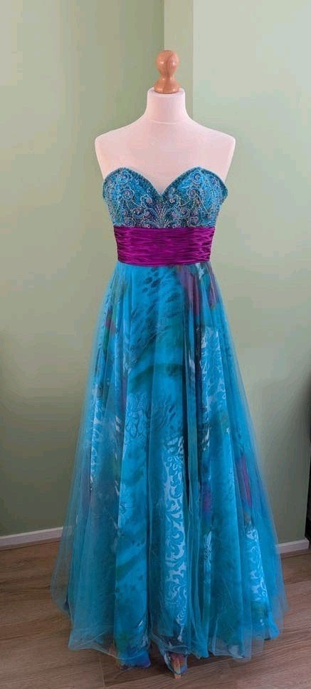 Gala jurk met kralen, tule, patticot 34/36, Galajurk, Blauw, Ophalen of Verzenden, Maat 36 (S)