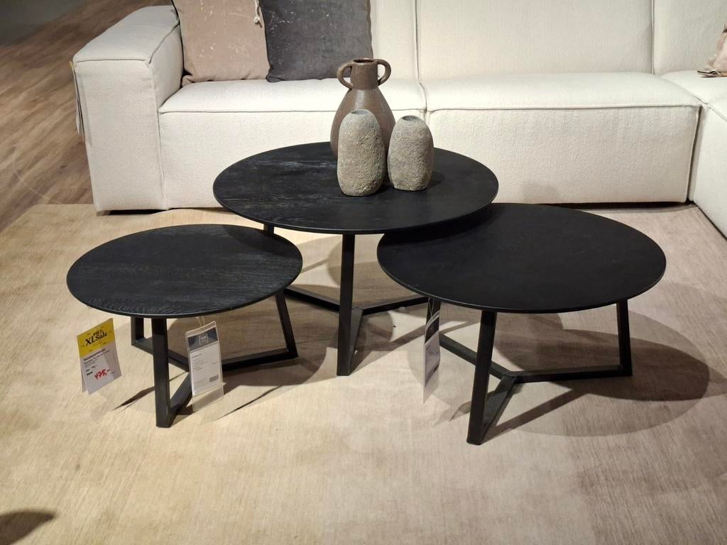 Showroommodel Salontafelsset (3 stuks) eiken zwart gelakt, Huis en Inrichting, Tafels | Salontafels, Ophalen, Rond, Nieuw, Metaal