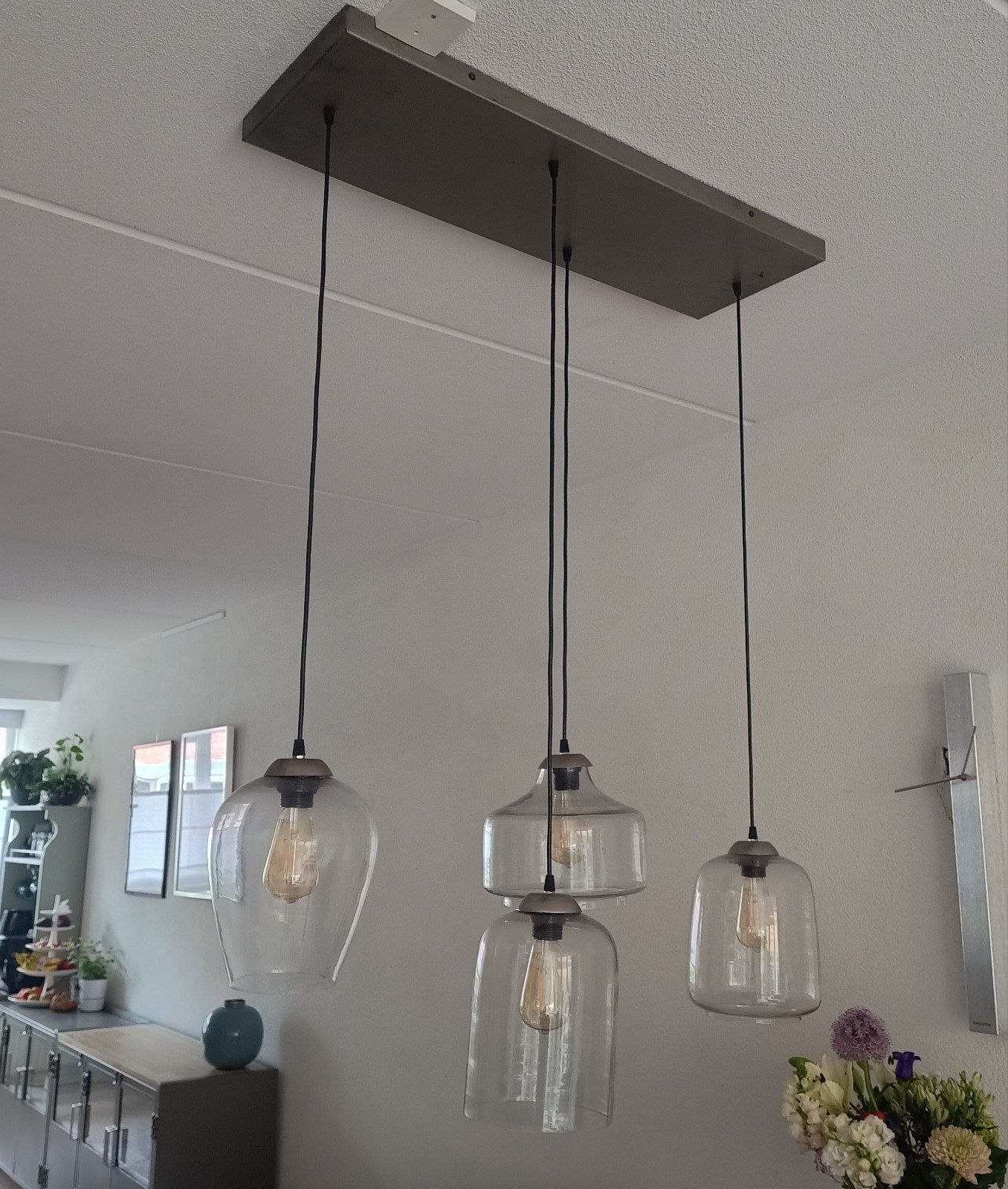 mooie hanglamp met 4 verschillende glazen kappen, Ophalen, Overige typen, Gebruikt, Overige merken