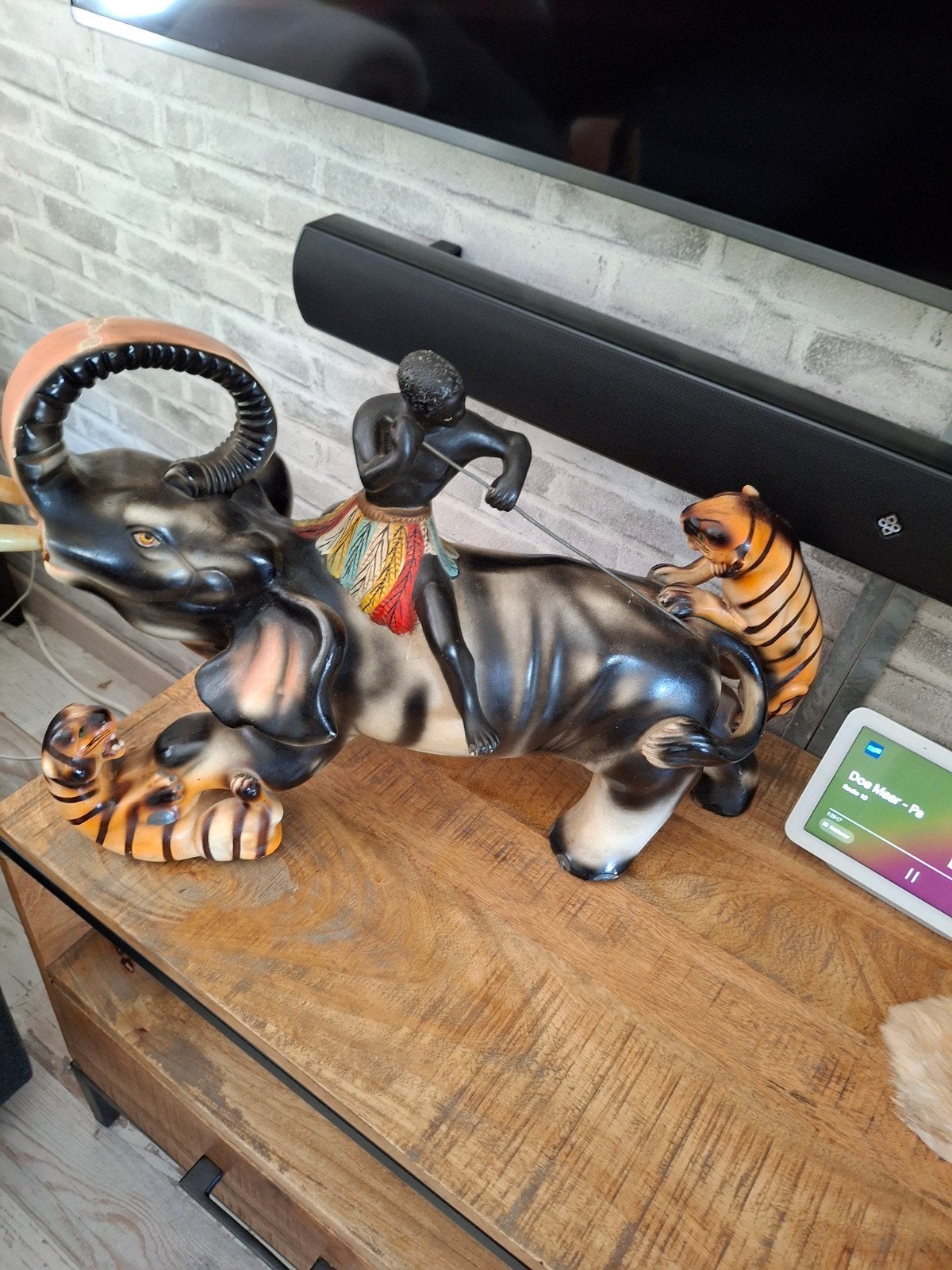 Vintage olifant met ruiter en tijger beeld, Ophalen of Verzenden