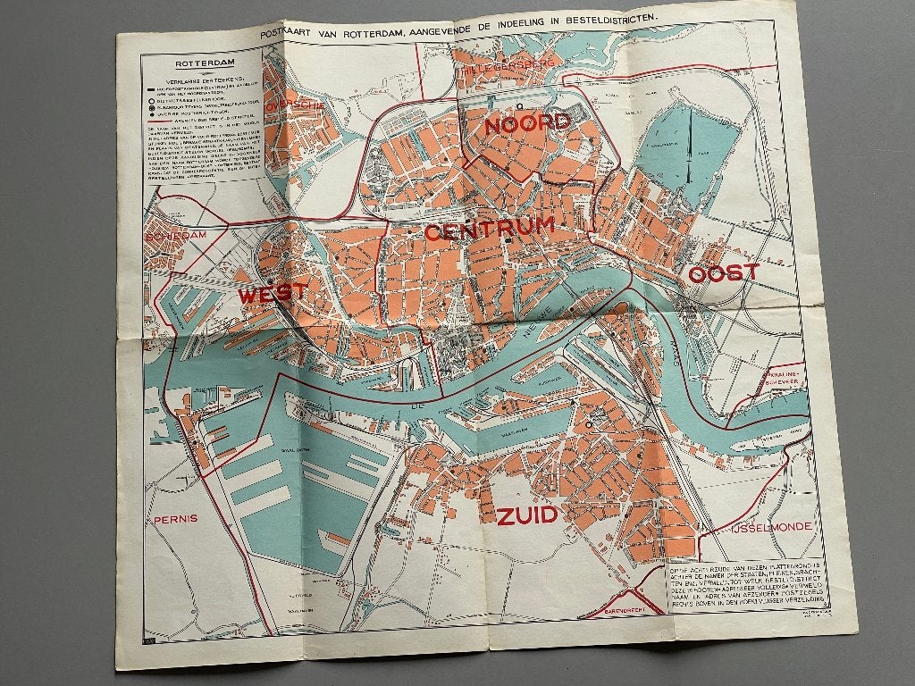 Plattegrond Rotterdam grenzen v.d. PTT-besteldistricten., Boeken, Atlassen en Landkaarten, Ophalen of Verzenden, 1800 tot 2000