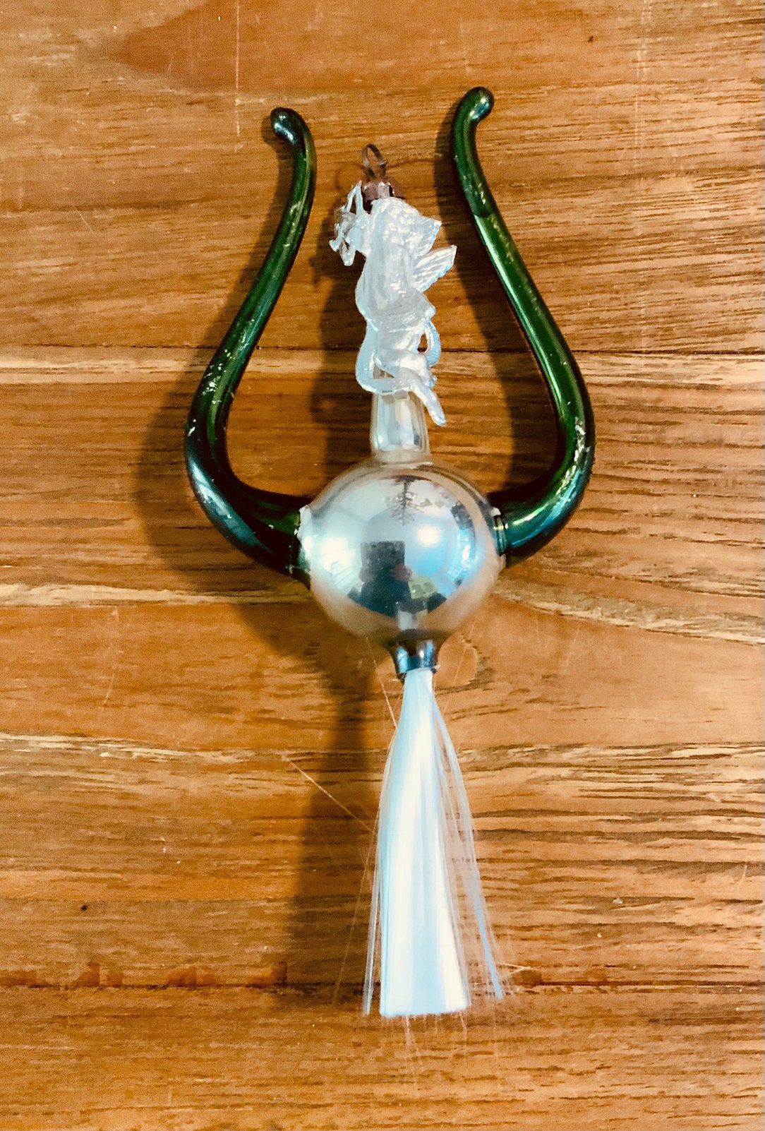 Antieke kerstbal kwikglas ornament met dresden engel, Diversen, Kerst, Ophalen of Verzenden, Gebruikt