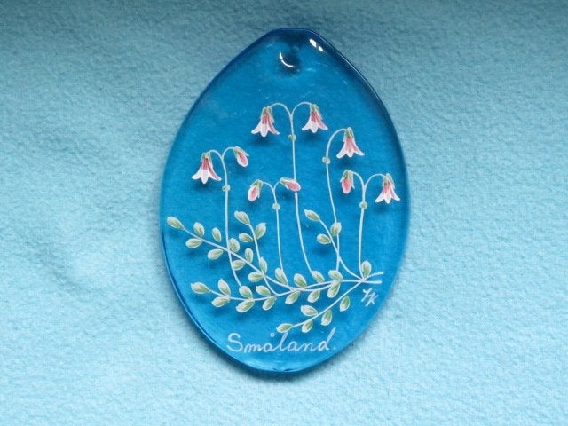 Vintage handbeschilderde hanger blauw glas Småland Zweden, Antiek en Kunst, Ophalen of Verzenden