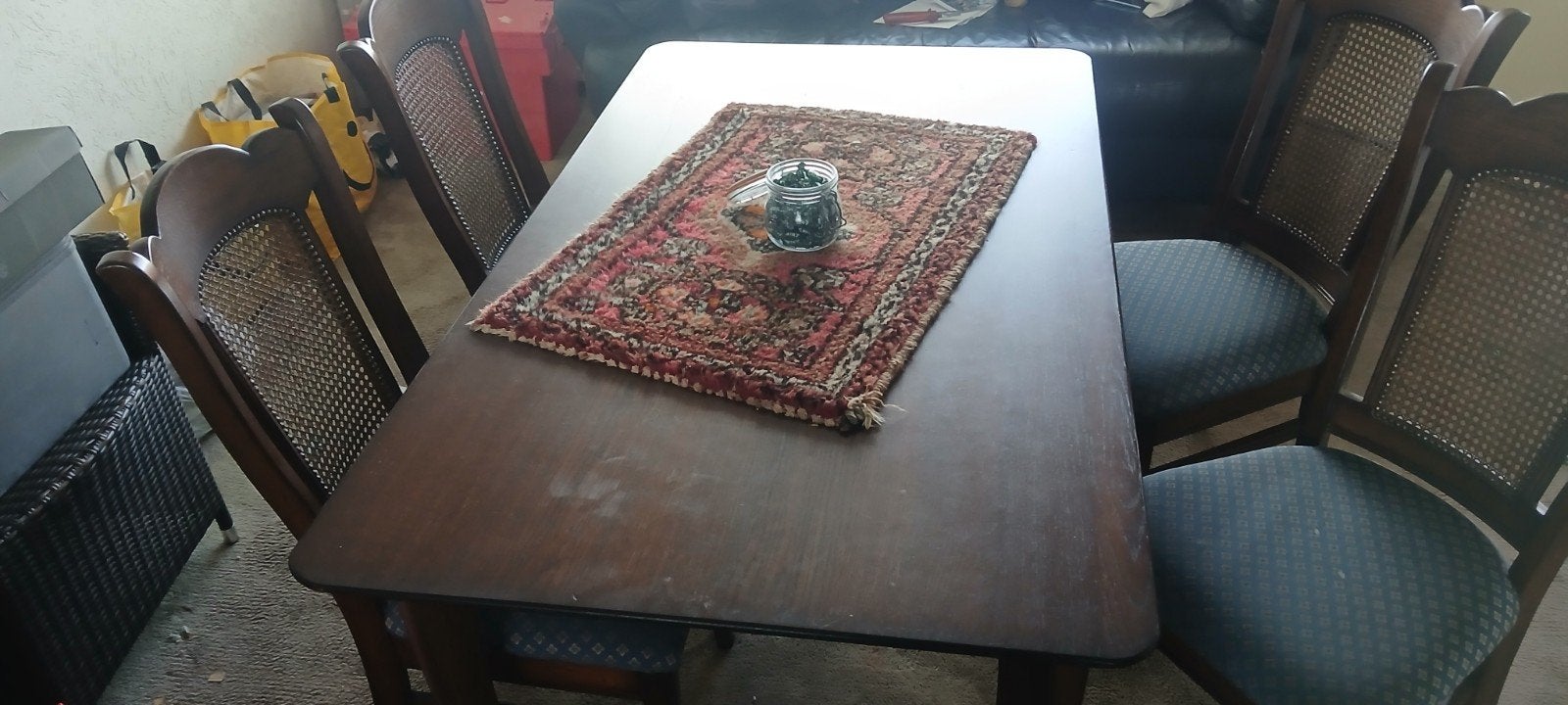 Eettafel met 4stoelen en 2 leren banken, Gebruikt, Bruin, Klassiek, Traditioneel, Ophalen of Verzenden