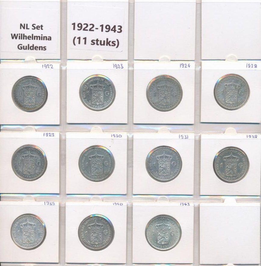 Nederland complete set 1922-1943 zilveren Wilhelmina gulden, Ophalen of Verzenden, Koningin Wilhelmina, 1 gulden, Zilver