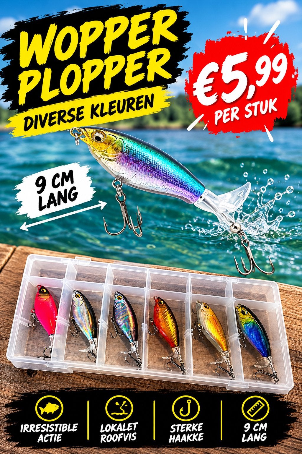 Wopper Plopper Kunstaas - Diverse Kleuren, 9 cm, Ophalen of Verzenden, Nieuw, Kunstaas