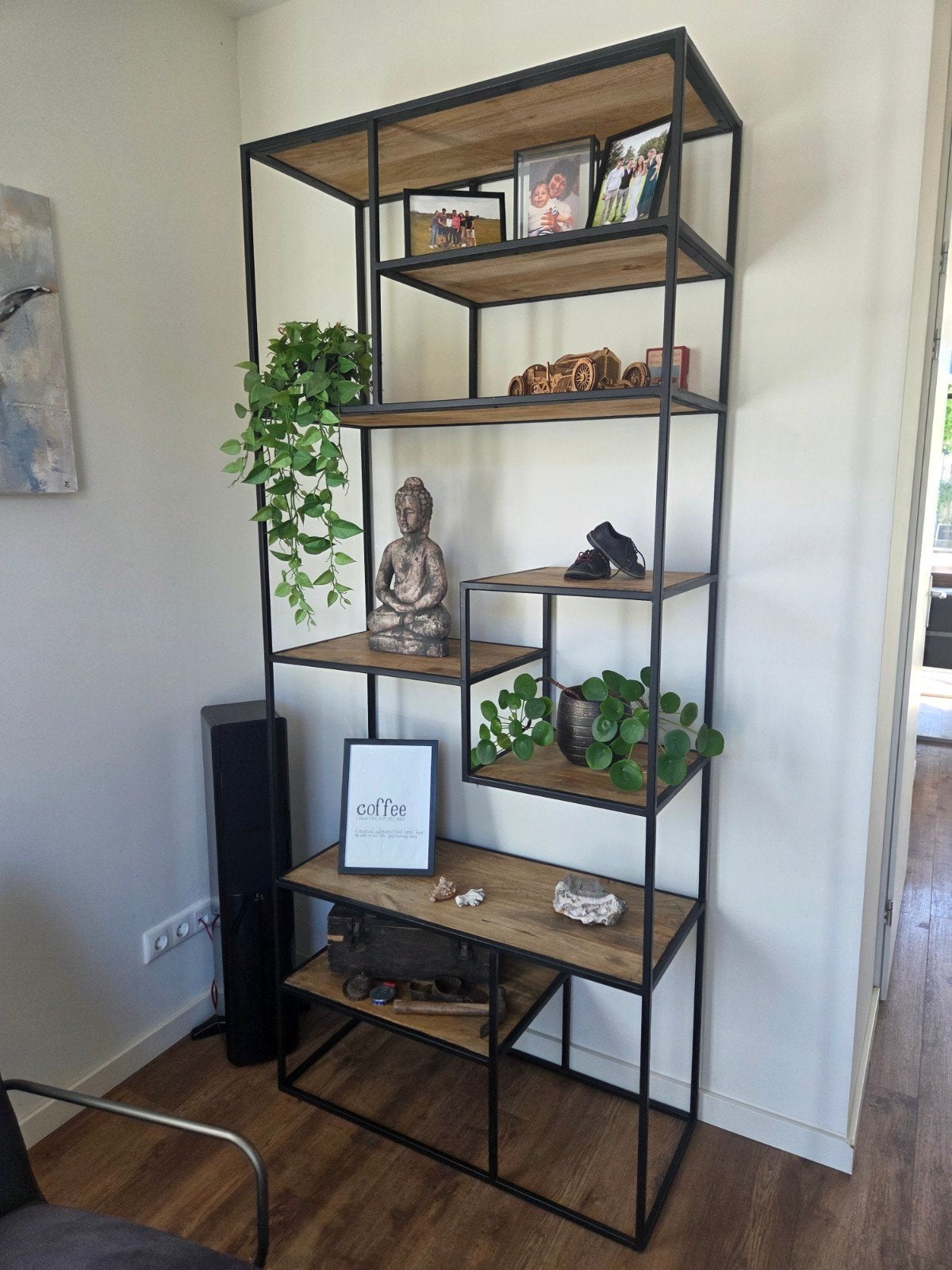 Industriële Open Kast met Houten Planken en stalen frame, Met plank(en), 200 cm of meer, 50 tot 100 cm, Zo goed als nieuw