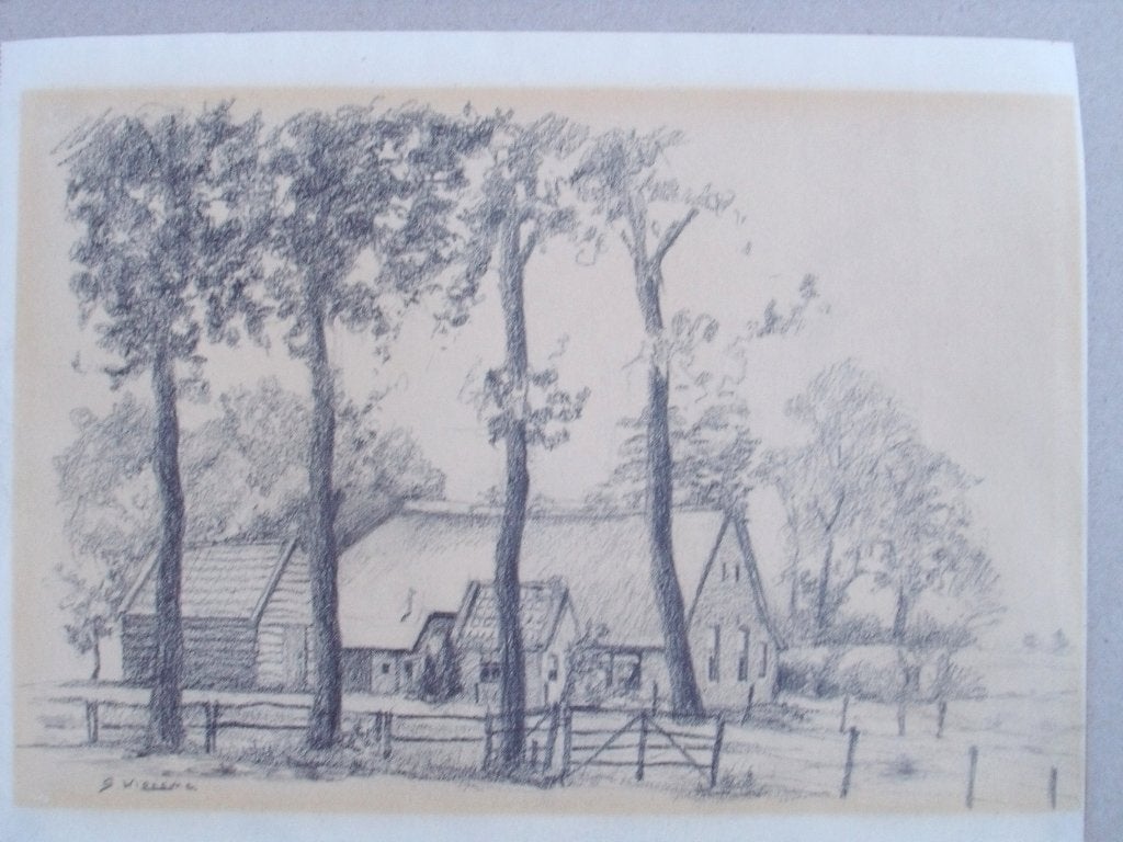 S. Wiersma - Boerderij landschap  - potloodtekening, Antiek en Kunst, Ophalen