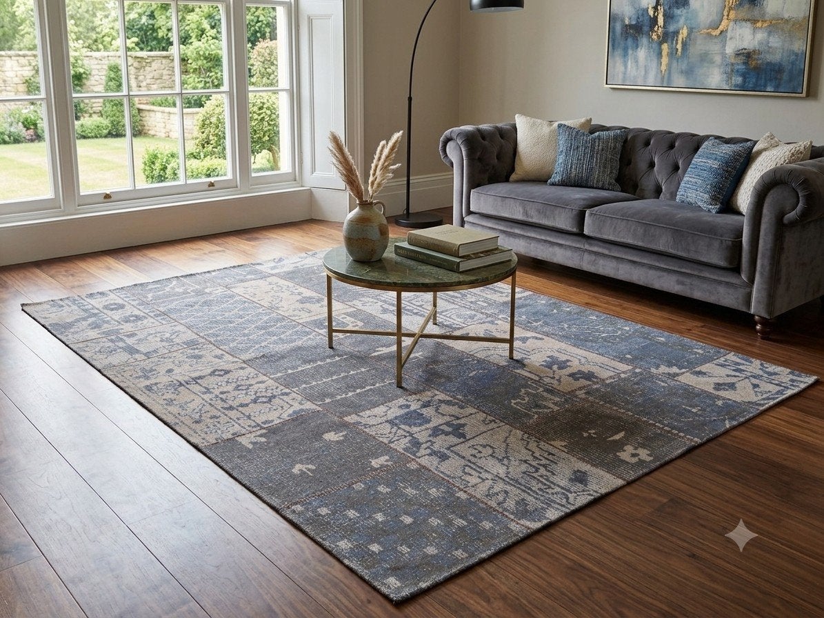 Prachtig Vintage Patchwork Vloerkleed 'Die Faktorei' - 170x2, Huis en Inrichting, Ophalen, Faktorei, Blauw, 150 tot 200 cm
