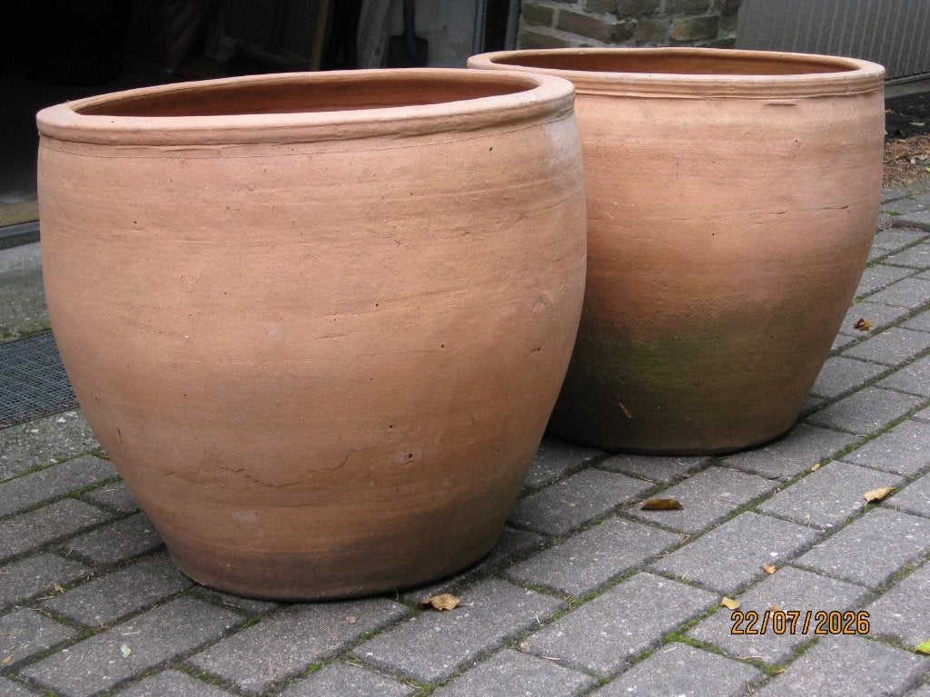2 terracotta terras plantenbakken, Tuin en Terras, Ophalen, Steen, Gebruikt, Rond