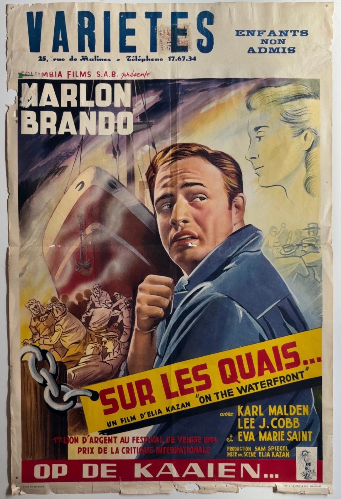 Belgische filmposter Sur les Quais / Op de Kaaien uit 1954, Ophalen of Verzenden