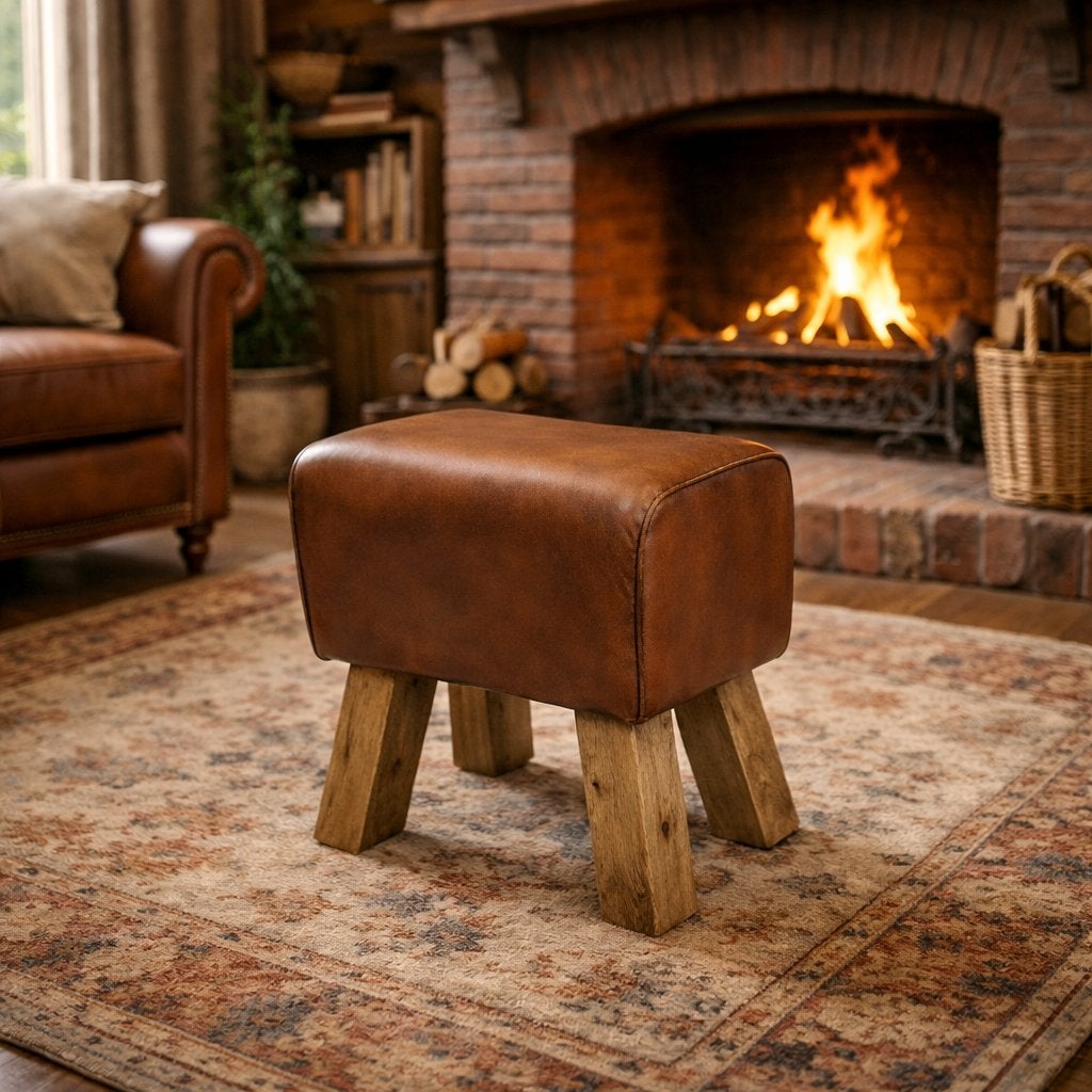 Turnbok Poef Gymbok Bankje Kruk Bruin Cognac Leder Mango, Minder dan 50 cm, Info@dehanzeherten.nl, De Hanze Herten BV, Nieuw