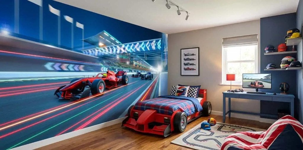 Fotobehang auto – rode racewagen op neonbaan, Blauw, Overige patronen, Overige merken, Modern