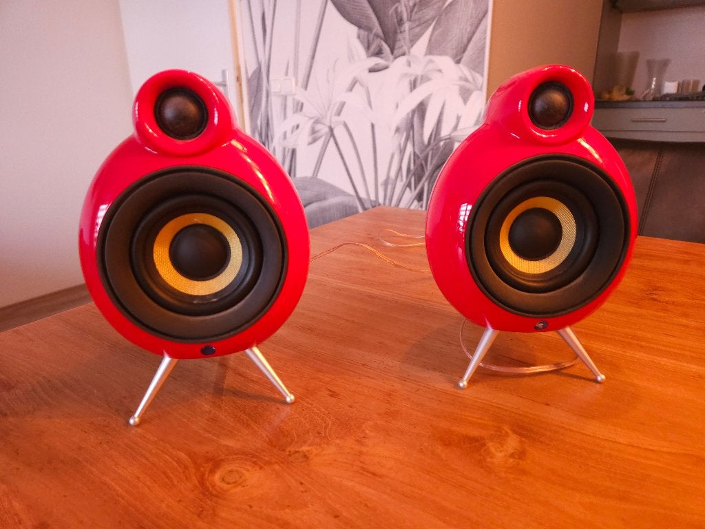 Stijlvolle rode stereo speakerset: Scandyna micropod SE, Overige merken, Stereo speakers, Gebruikt, Verzenden