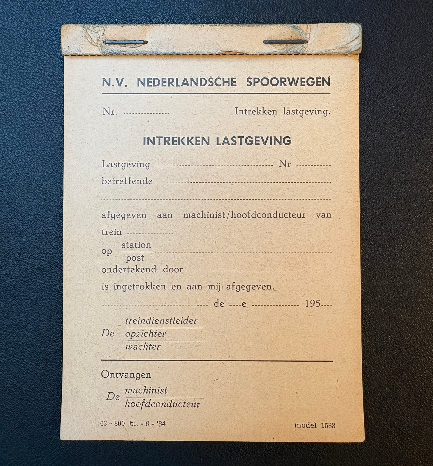 Blokje met 14 ongebruikte ‘Intrekken lastgeving NS’ (1954), Verzamelen, Spoorwegen en Tramwegen, Ophalen of Verzenden, Zo goed als nieuw