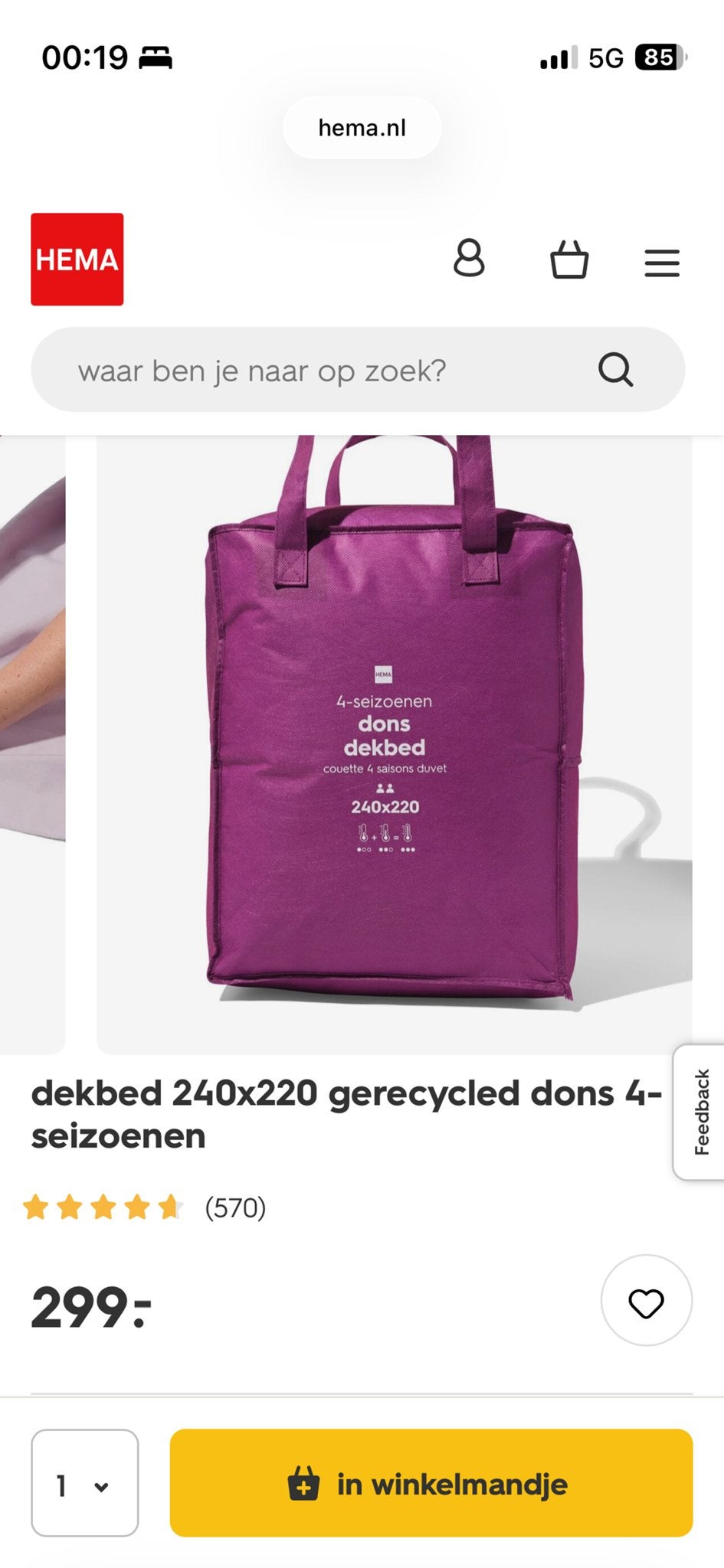 Donzen dekbed 240x220 - hema - zo goed als nieuw, Lits-jumeaux, Dons en Veren, Ophalen of Verzenden, Deken of Dekbed