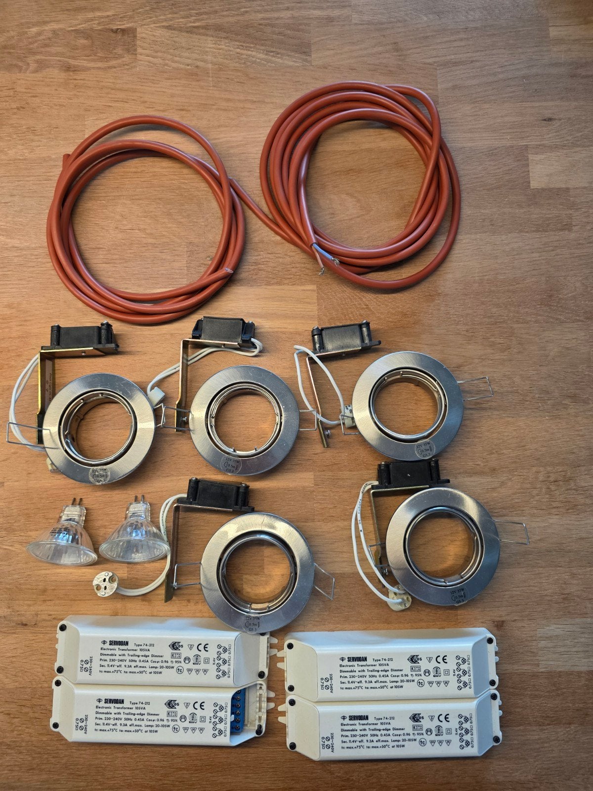 Inbouwspots rvs met transformator en bedrading (5 stuks), Huis en Inrichting, Lampen | Spots, Ophalen, Halogeen, Gebruikt, Overige merken