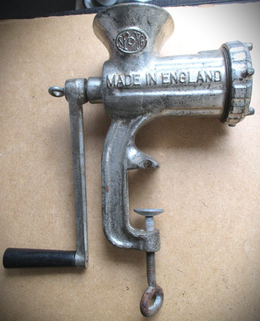 Gehaktmolen Spong~Antieke Vleesmolen~Gietijzer met tin kleur, Zilver, Ophalen of Verzenden, Metaal, Overige merken