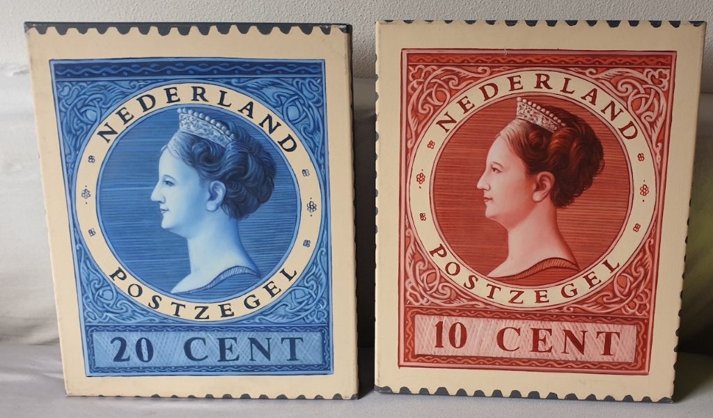 2 stuks schilderijen, postzegel Wilhelmina 10 en 20 cent., Ophalen of Verzenden