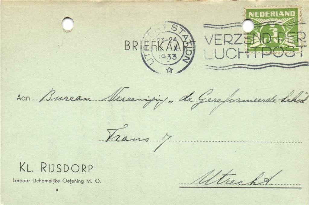 Kl. Rijsdorp, Utrecht - briefkaart - 1933 geschreven en verz, Ophalen of Verzenden, Briefkaart