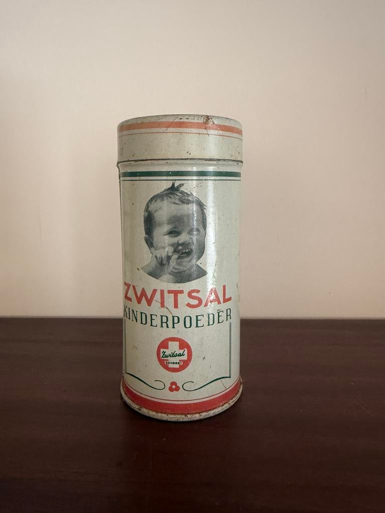 Antieke zwitsal poederbus/ blikje, Verzamelen, Blikken, Ophalen of Verzenden, Gebruikt