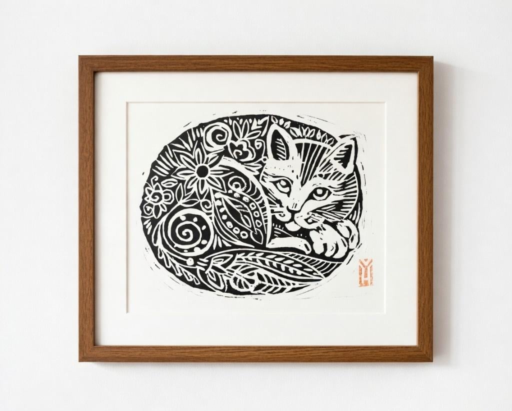 Kat linosnede – handgemaakt – wanddecoratie – cadeau, Antiek en Kunst, Kunst | Etsen en Gravures, Ophalen of Verzenden