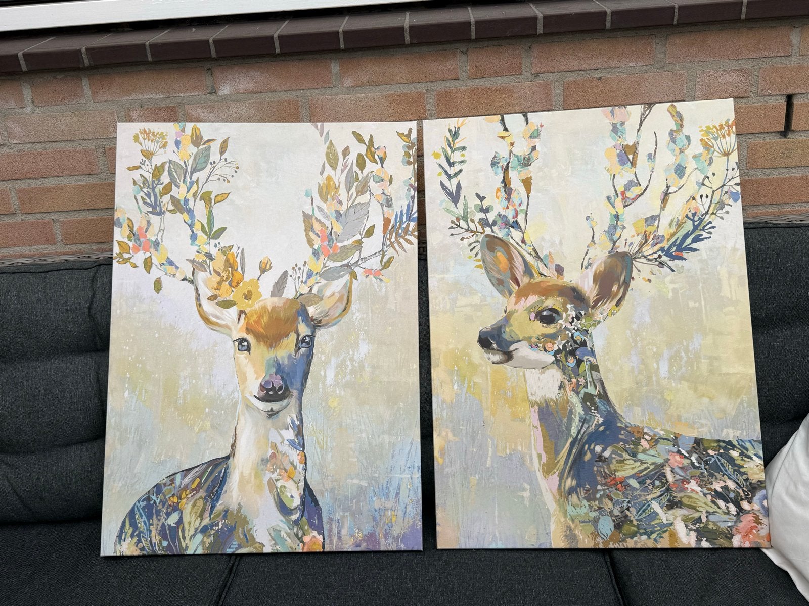 Set van 2 schilderijen met herten en bloemen, Ophangklaar, Acrylverf, Ophalen of Verzenden, Dieren