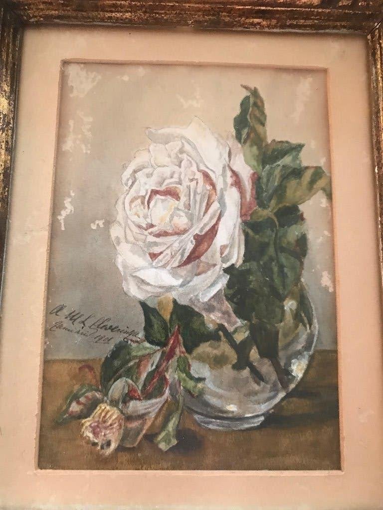 aquarel bloemen roos in vaas 1901, Bloemen, Gedateerd, Impressionistisch, Ophalen of Verzenden