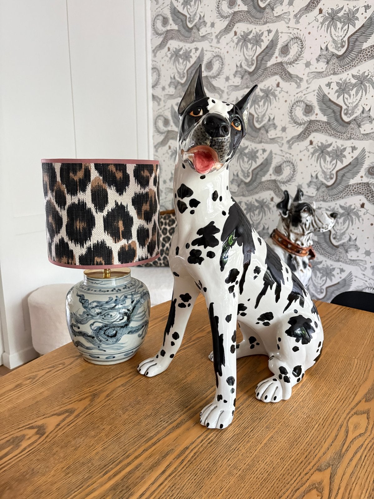 Grote Deense Dog Beeld - Zwart/Wit Keramiek, Vintage, Meerkleurig, Ophalen of Verzenden, Zo goed als nieuw