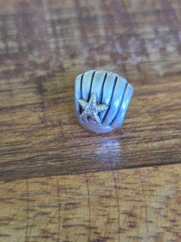 Pandora bedel schelp met gouden zeester, zilver, Sieraden, Tassen en Uiterlijk, Bedels, Gebruikt, Pandora, Ophalen of Verzenden