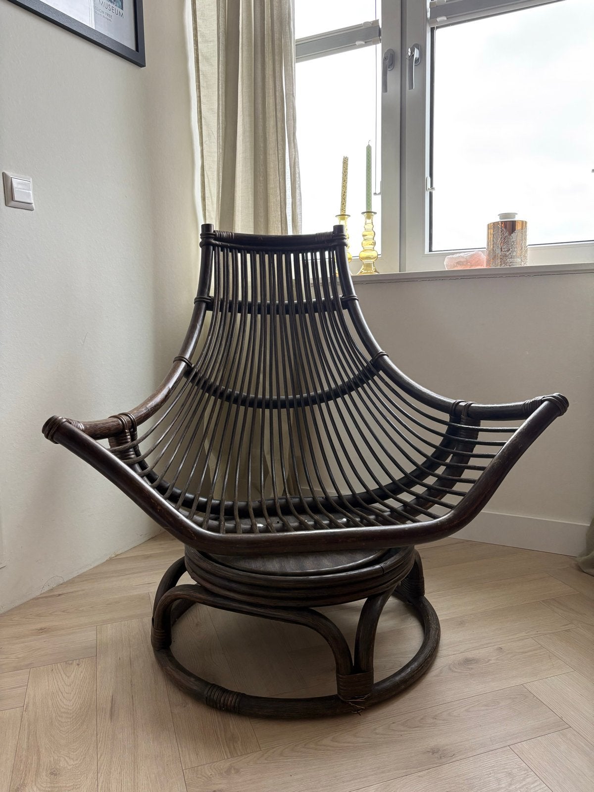 Vintage rotan draaistoel - Donkerbruin, Ophalen, Gebruikt, Bruin, Riet of Rotan